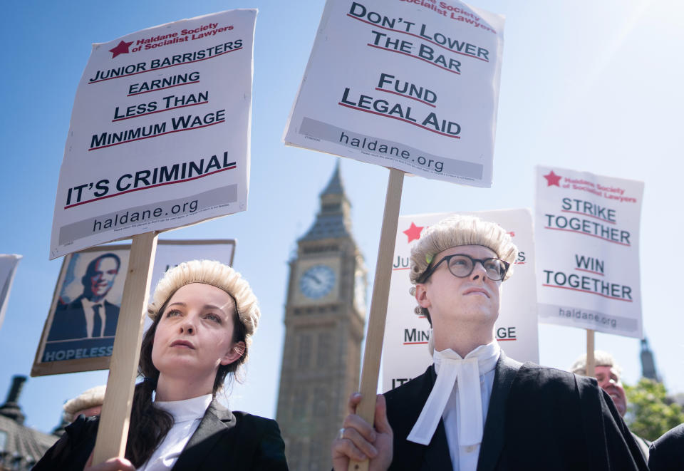 File photo dated 11/7/2022 of criminal defence barristers outside the Houses of Parliament in London as they support the ongoing Criminal Bar Association (CBA) action over Government set fees for legal aid advocacy work. Barristers are waiting for the results of an all-out strike ballot for industrial action next month as part of a row with the Government over jobs and pay. Members of the CBA have been walking out on alternate weeks but have been balloted on an indefinite, uninterrupted strike that would start on September 5. Issue date: Monday August 22, 2022.