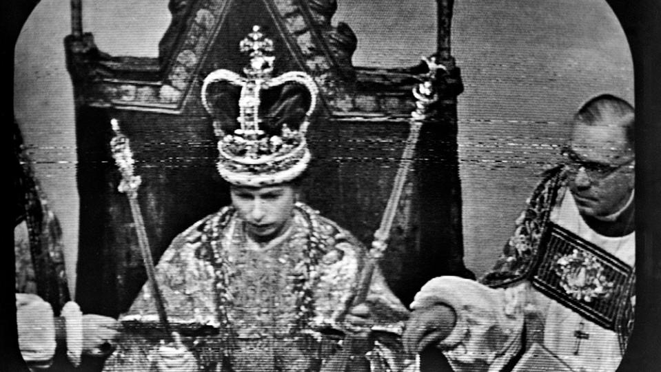 Queen Elizabeth II wears St Edward's Crown, at the Coronation ceremony at Westminster Abbey. This was the view as seen by television viewers immediately after the Archbishop of Canterbury, Dr Geoffrey Fisher, had placed the Crown upon the Queen's head.   (Photo by PA Images via Getty Images)