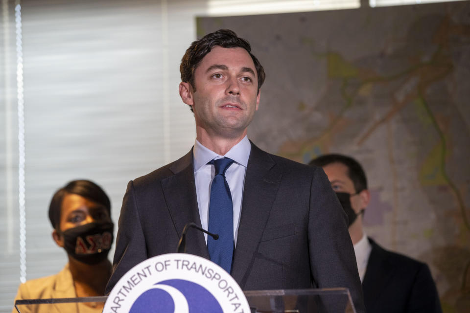 Sen. Jon Ossoff speaks during a press conference at the Atlanta BeltLine, Inc. office space in downtown Atlanta, Friday, May 21, 2021. (Alyssa Pointer/Atlanta Journal-Constitution via AP)