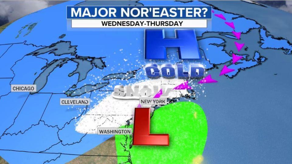 Depiction of Wednesday night as heavy snow falls from the major I-95 cities west and north. Some of the snow will be mixed with rain and sleet along the coast. / Credit: CBS News