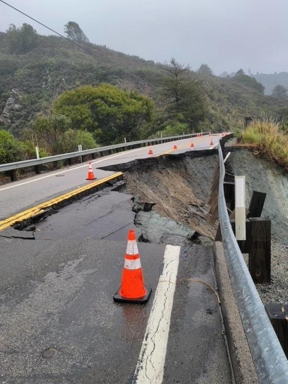 A chunk of Highway 1 has collapsed between the entrance to the Hermitage and the town of Lucia, about 22 miles north of the county line. It was one of several slides that will keep the scenic road closed indefinitely.
