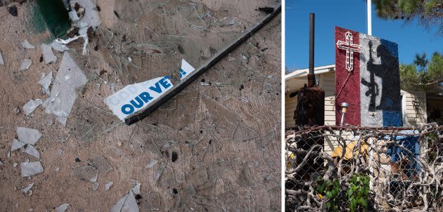 LEFT: A faded and damaged sticker, which once read “God Bless Our Vets,” lies on the ground of a former restaurant in Benson. RIGHT: A yard decoration in Morenci, Arizona, references military veterans. (Photo: Molly Peters for HuffPost)