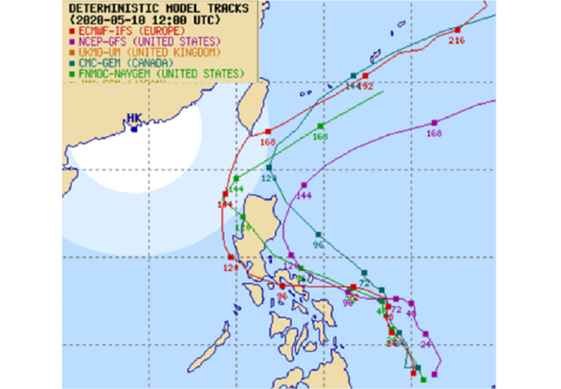 ▲最新各國模式模擬顯示，今年首颱「黃蜂」未來路徑有在菲律賓東方海面即向北迴轉的可能，也有可能通過呂宋島陸地，進入巴士海峽再向東北迴轉，較接近台灣。（圖／翻攝自Multi-Agency TC Forecast）