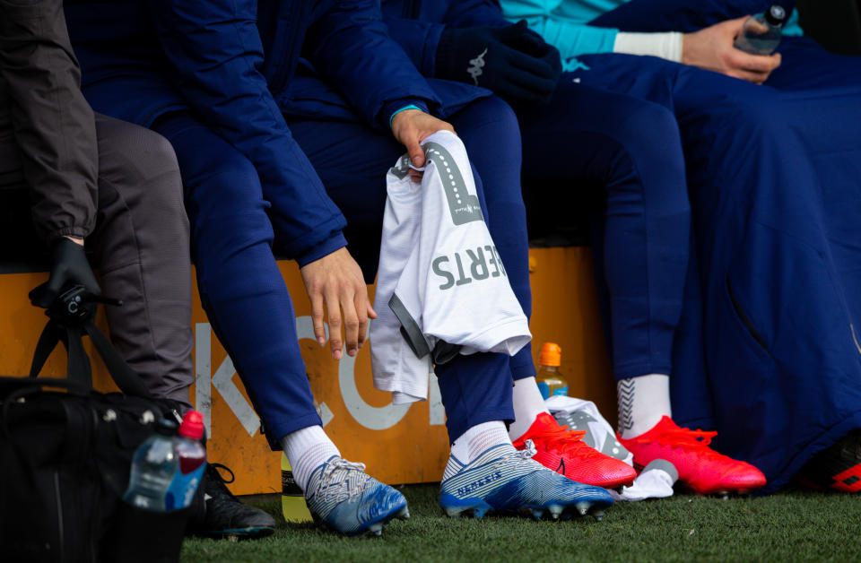 Leeds United's Tyler Roberts takes his seat on the bench during the Sky Bet Championship match between Hull City and Leeds United at KCOM Stadium on February 29, 2020