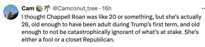 Tweet by Cam @Camconut_tree criticizing Chappell Roan, claiming she's either ignorant or secretly Republican based on her age and political awareness