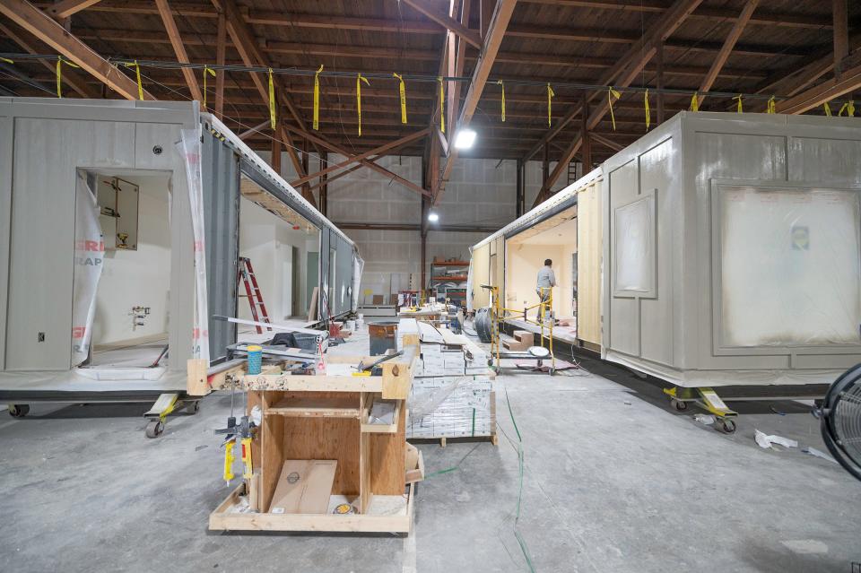 A modular housing unit being built at indieDwell in February 2021.