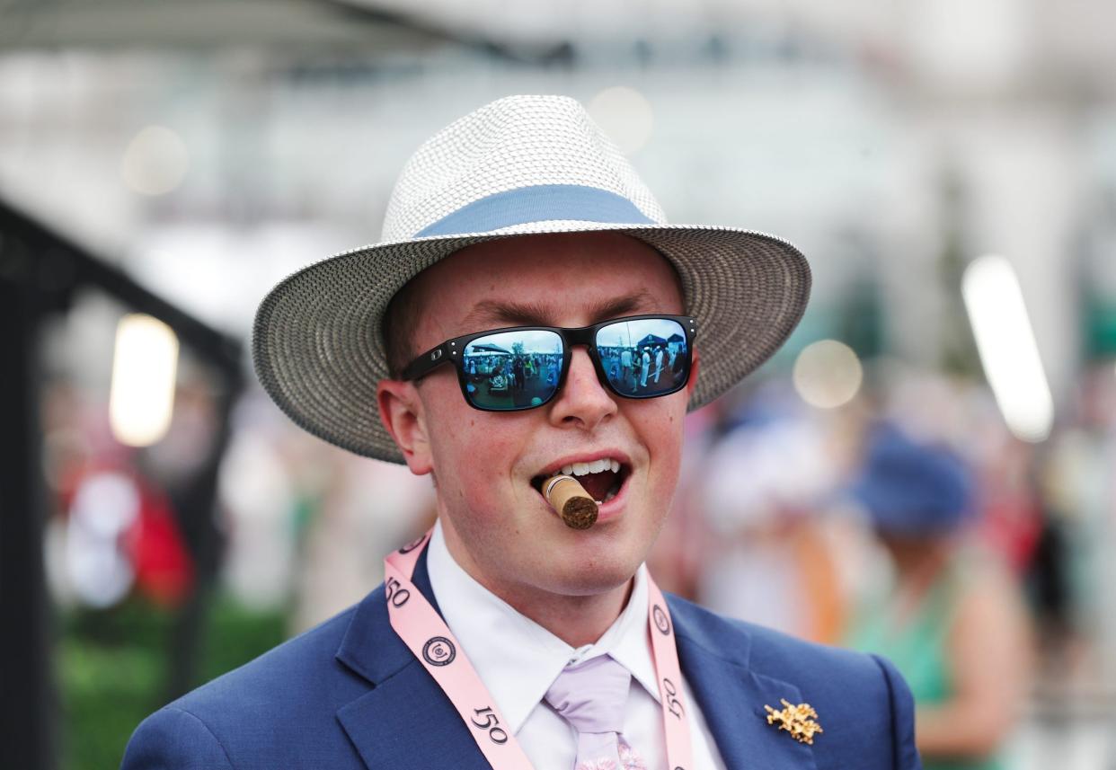 May 4, 2024; Louisville, KY, USA; Adam Klein, of Cleveland, Oh., wears a fashionable hat as he arrived for the Kentucky Derby in Louisville, Ky. on May. 4 2024. Mandatory Credit: Sam Upshaw, Jr.-USA TODAY Sports