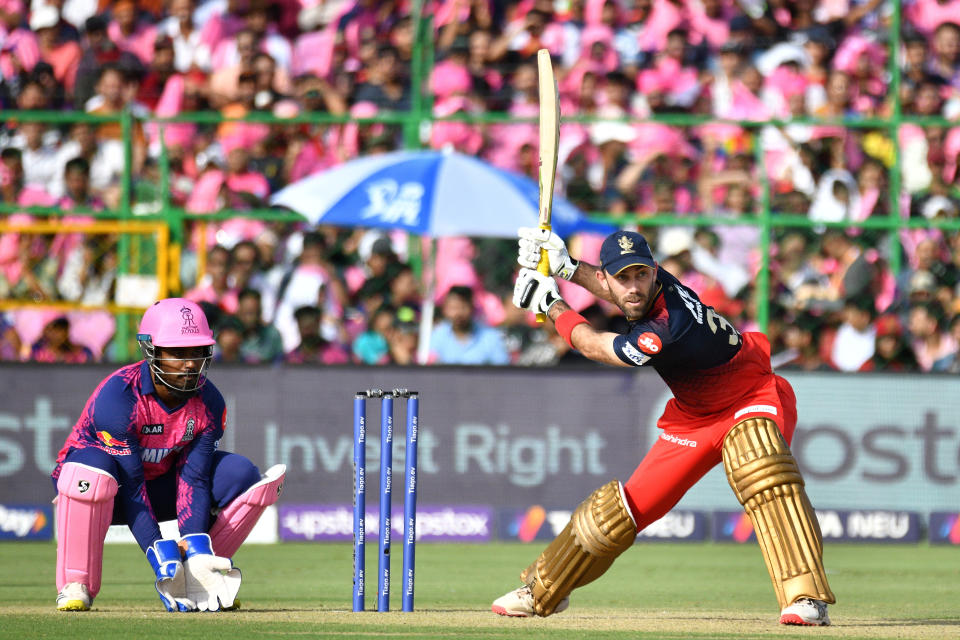 Royal Challengers Bangalore batter Glenn Maxwell plays a shot during the IPL 2023 cricket match between Rajasthan Royals and Royal Challengers Bangalore, at Sawai Mansingh Stadium in Jaipur, Rajasthan, India, May 14, 2023.. (Photo by Vishal Bhatnagar/NurPhoto via Getty Images)