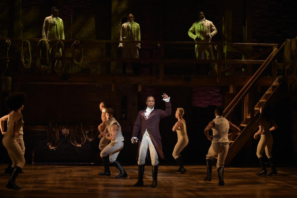 NEW YORK, NY - FEBRUARY 15:  Actor Leslie Odom, Jr. performs on stage during 'Hamilton' GRAMMY performance for The 58th GRAMMY Awards at Richard Rodgers Theater on February 15, 2016 in New York City.  (Photo by Theo Wargo/WireImage)