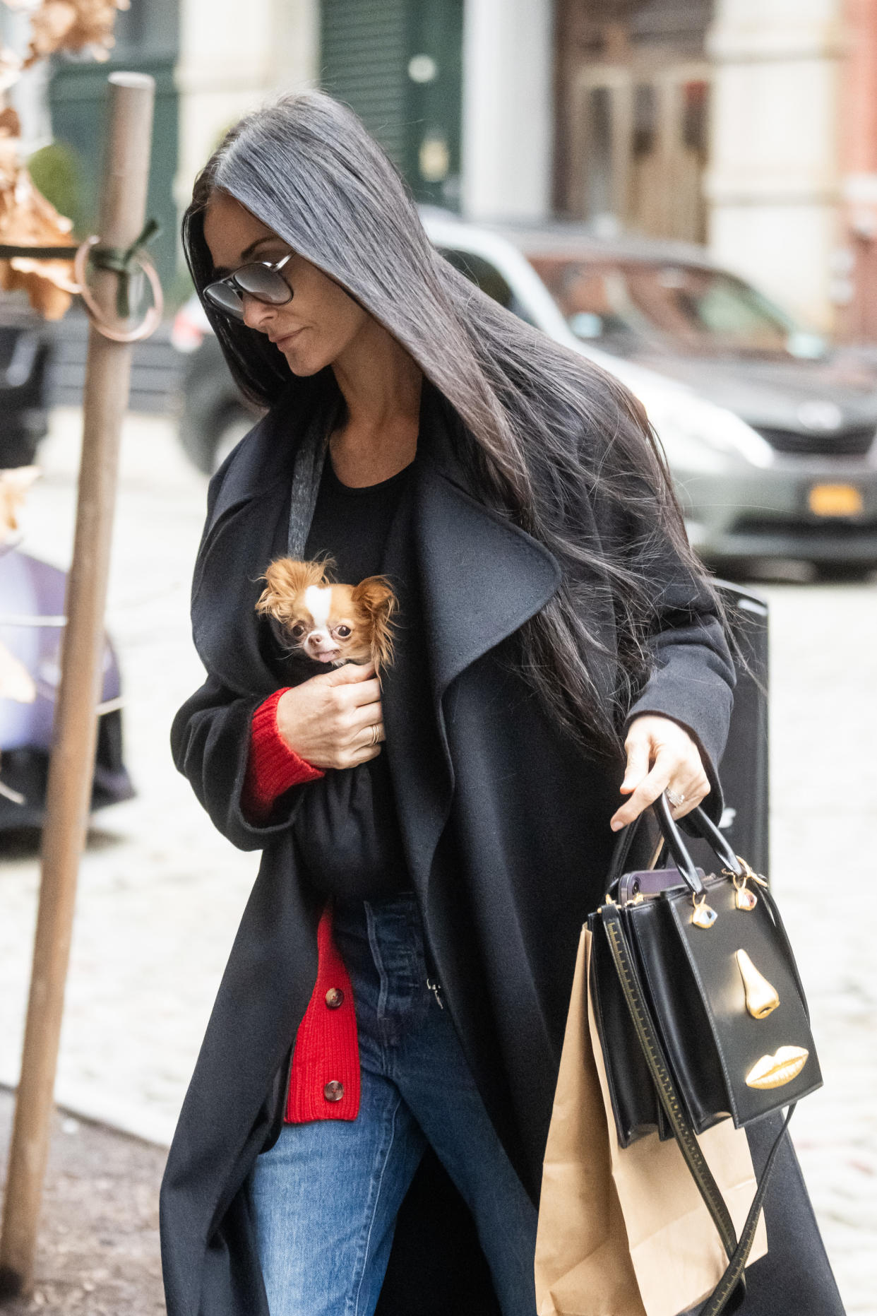 Moore carries Pilaf in a sling under her jacket as she walks in New York City.