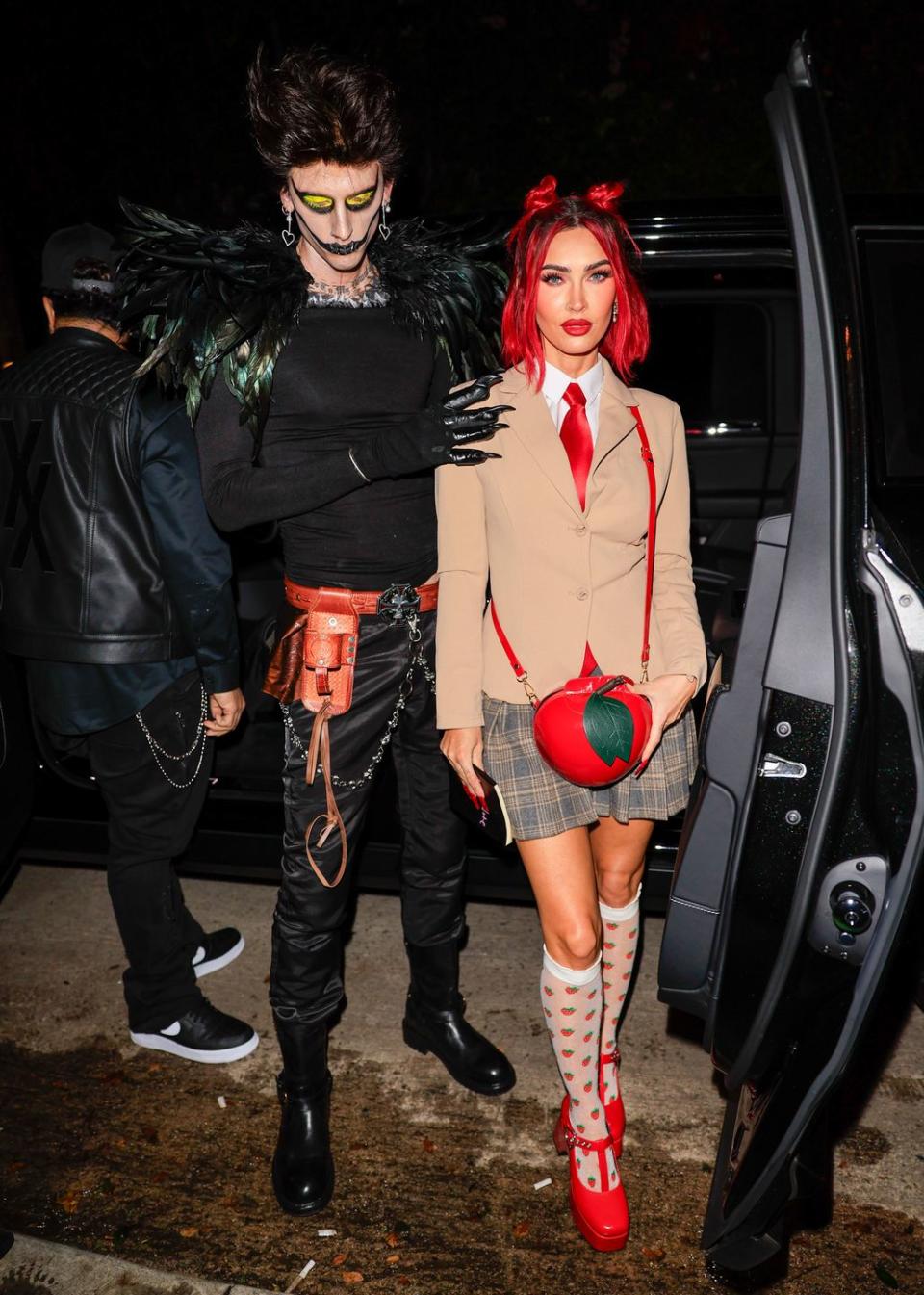 los angeles, ca october 28 machine gun kelly and megan fox are seen arriving to vas morgan and michael brauns halloween party on october 28, 2023 in los angeles, california photo by rachpootbauer griffingc images