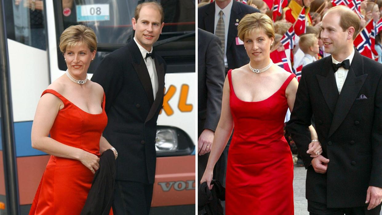  Composite of two pictures of Duchess Sophie wearing a red gown to an event the evening before the wedding of Princess Martha Louise of Norway  . 