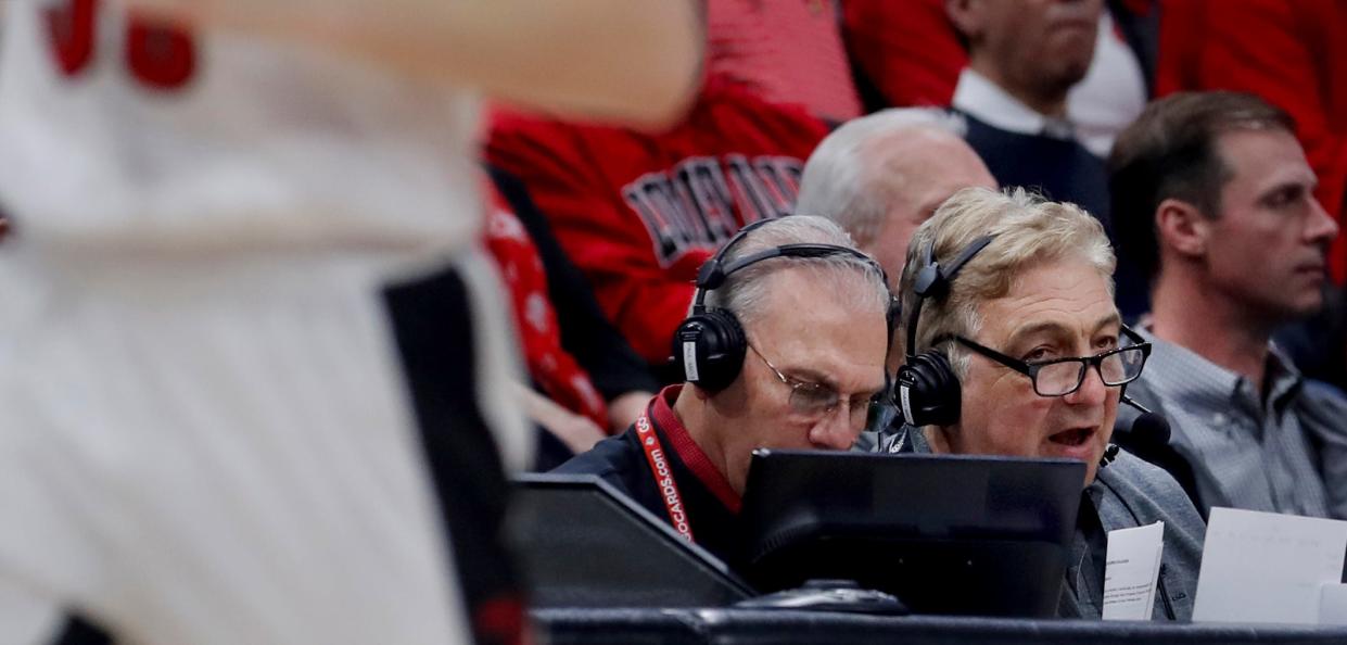 Louisville radio announcers Bob Valvano, right, and Paul Rogers during the game against Syracuse on Feb.19, 2020.