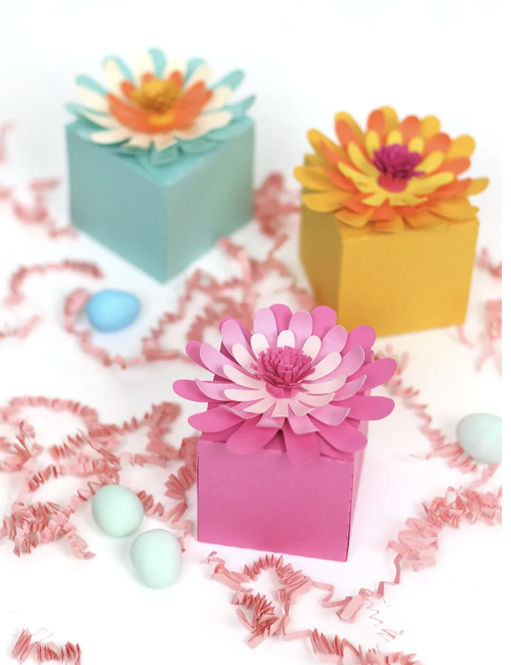 crafts for kids, three small treat boxes with paper flowers on top