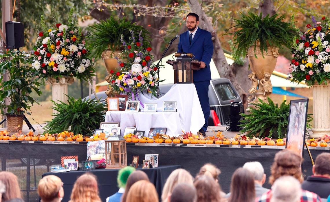 Mary Marshall’s fiancé Rob Steele speaks during a memorial service for Marshall at Dix Park in Raleigh, N.C., on Saturday, Oct. 29, 2022. Marshall was one of the five people killed in a mass shooting on Oct. 13.