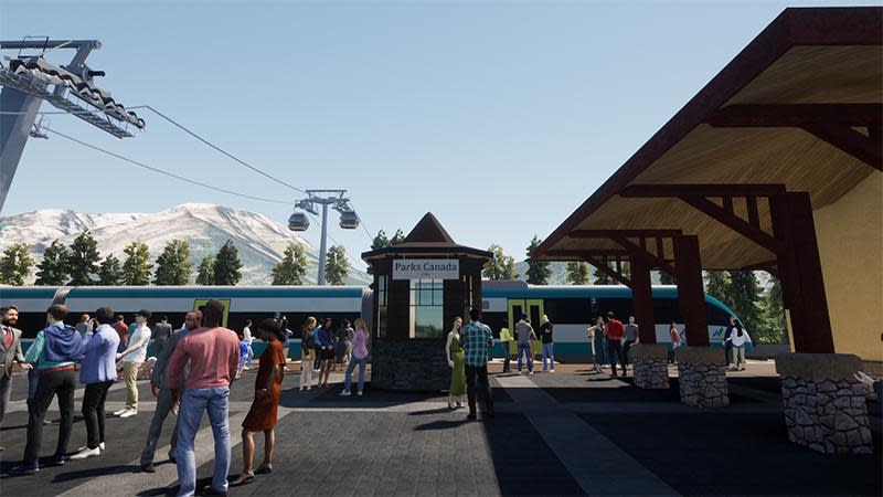 The area redevelopment plan for Banff's railway lands prepared by Liricon include a gondola that would transport passengers to the Mount Norquay Ski Resort. (Submitted by Liricon - image credit)