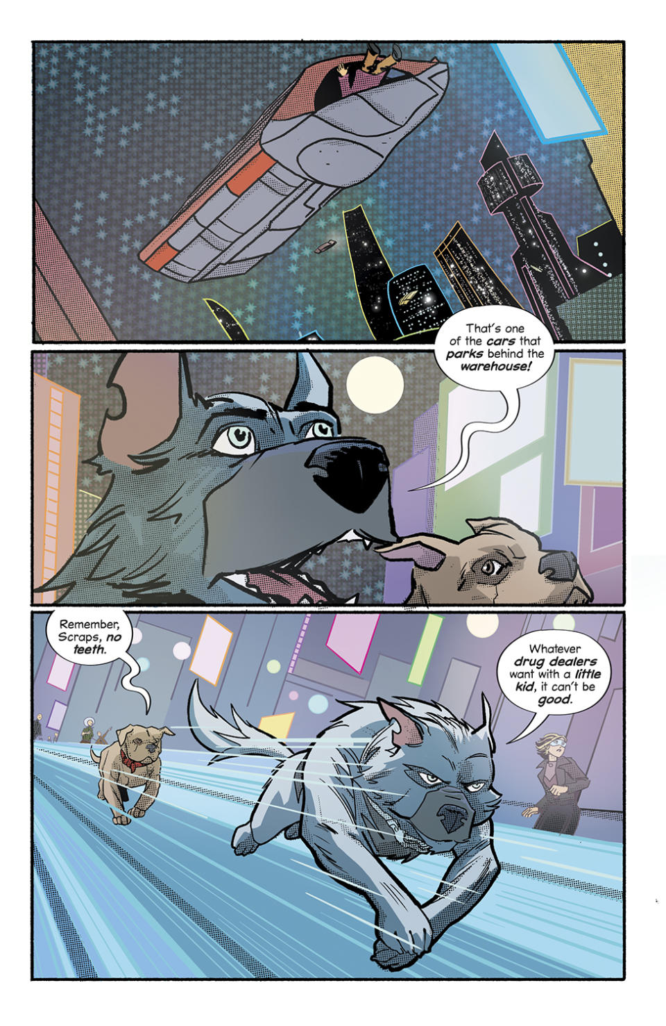 Scrapper interior pages: dogs chase after a flying car.