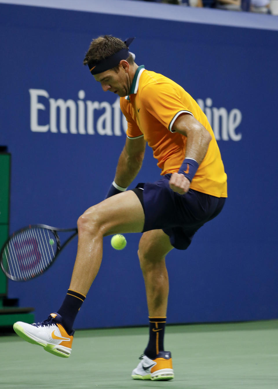 Juan Martin del Potro, of Argentina, returns a shot to Novak Djokovic, of Serbia, during the men's final of the U.S. Open tennis tournament, Sunday, Sept. 9, 2018, in New York. (AP Photo/Adam Hunger)