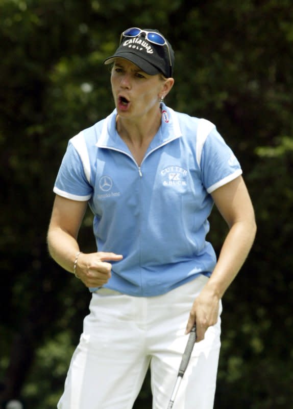 Annika Sörenstam reacts to making birdie on the 2nd hole at the Bank of America Colonial PGA Golf tournament May 23, 2003, in Fort Worth, Texas. On May 22, she became the first woman in 59 years to compete in a PGA event. File Photo by Joe Mitchell/UPI