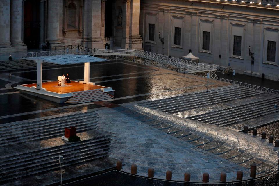 Praying in a desolately empty St. Peter's Square, Pope Francis on Friday likened the coronavirus pandemic to a storm laying bare illusions that people can be self-sufficient and instead finds "all of us fragile and disoriented" and needing each other's help and comfort.