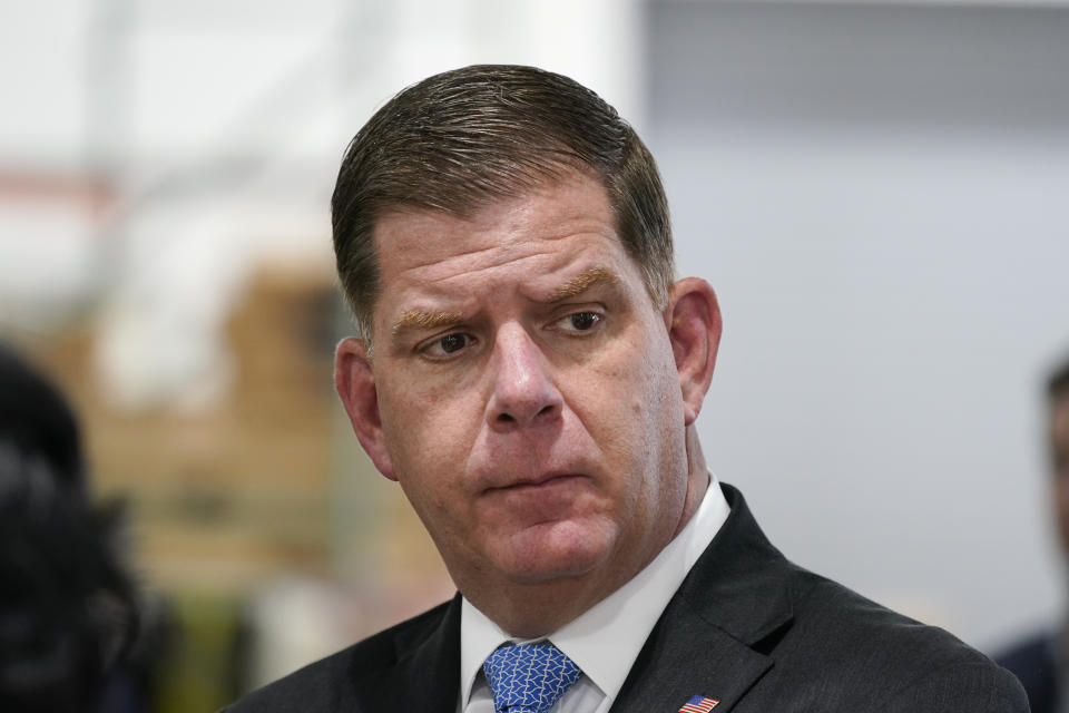 FILE - Labor Secretary Marty Walsh at the Port of Philadelphia, Thursday, Oct. 28, 2021. Baker's decision not to seek a third term has sparked a scramble among potential successors in a suddenly wide-open race. And it's raised questions about the GOP's future in the state and whether a woman finally will break through one of the last glass ceilings in Massachusetts' elective politics. Walsh has yet to rule out a run for the office of governor. (AP Photo/Matt Rourke, File)