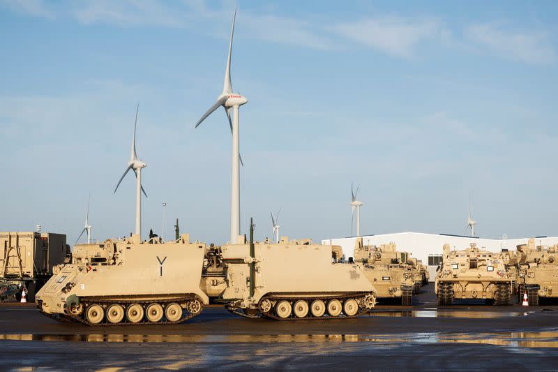 U.S. army vehicles arrive in Europe to reinforce NATO frontier, in Vlissingen