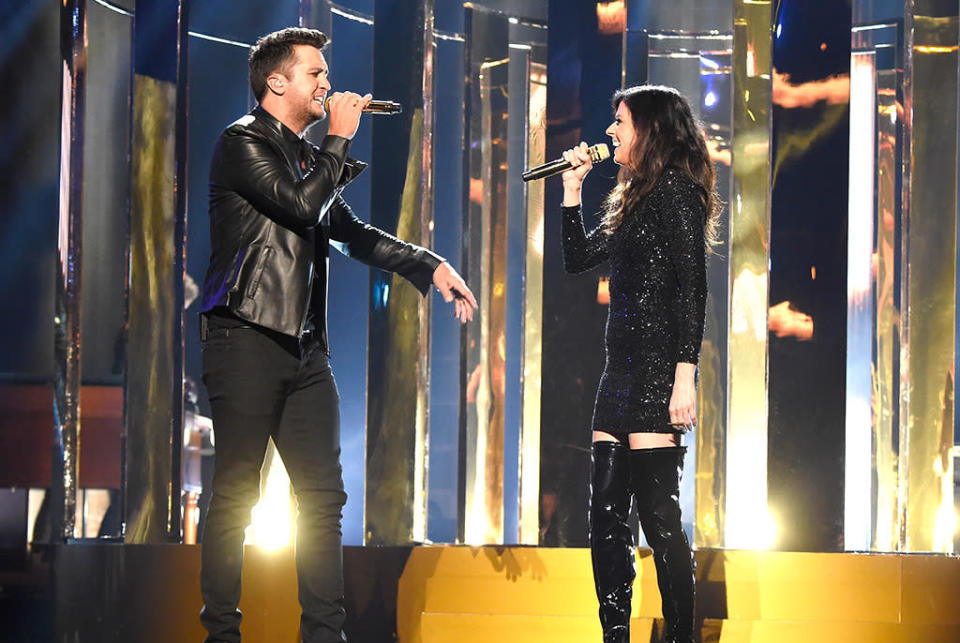 Luke Bryan and Karen Fairchild perform onstage during the 2015 American Music Awards at Microsoft Theater on November 22, 2015 in Los Angeles.