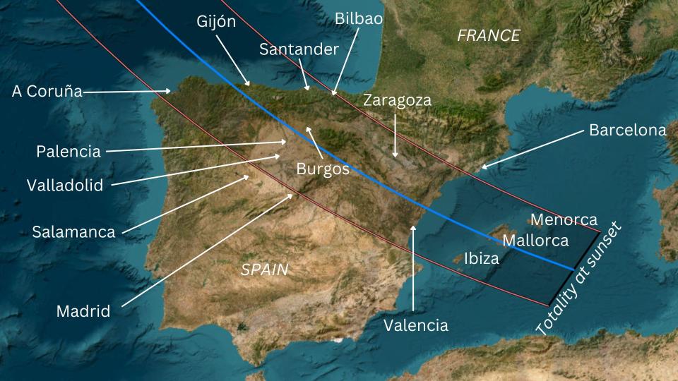 Map of Spain and Portugal showing the path of the eclipse.