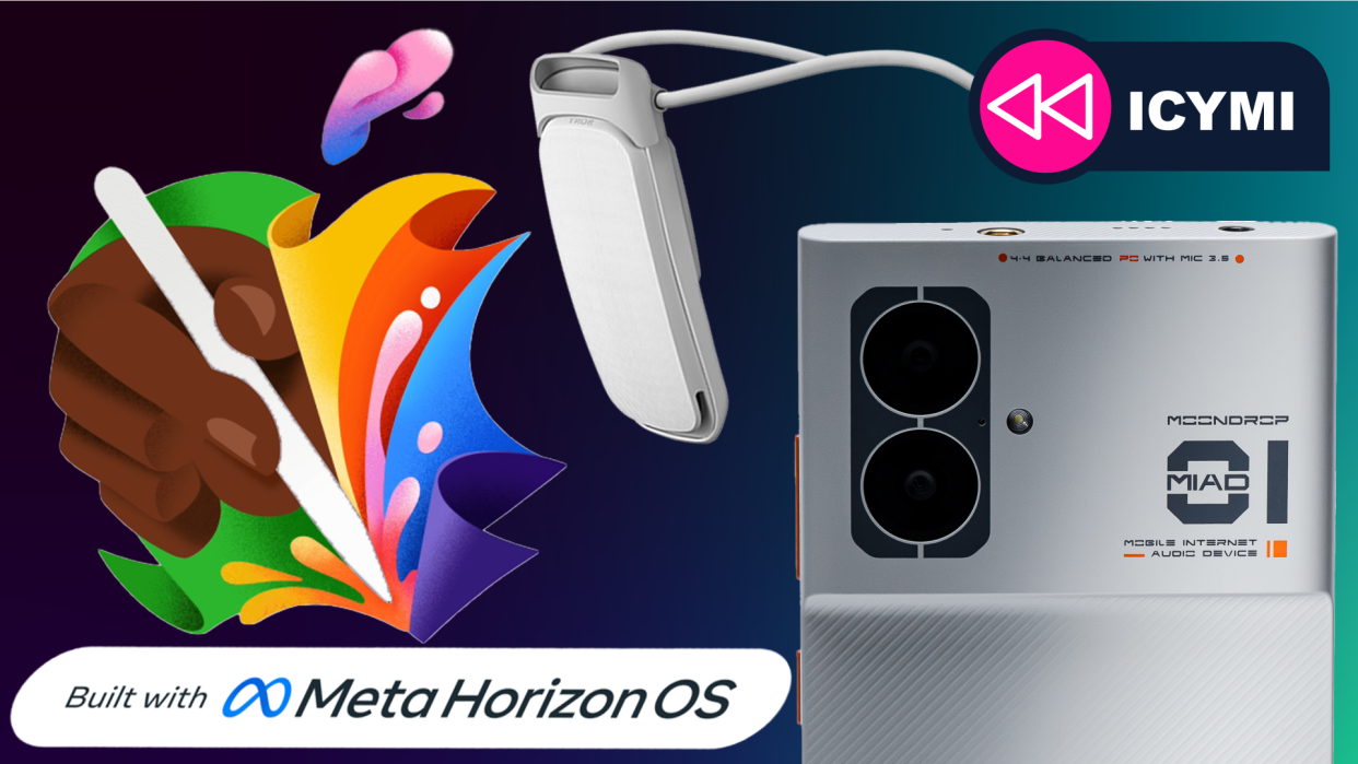  An Apple logo, Sony cooler, Moondrop phone and Meta Horizon OS logo all together. 