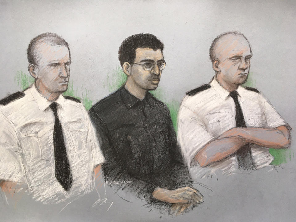 Court artist sketch by Elizabeth Cook of Hashem Abedi, younger brother of the Manchester Arena bomber, in the dock at the Old Bailey in London accused of mass murder. PA Photo. Picture date: Monday January 27, 2020. Hashem, now 22, was allegedly involved in planning the suicide attack on May 22, 2017. His brother Salman Abedi, 22, detonated an explosive vest as music fans left an Ariana Grande concert, killing 22 people and injuring 260 more. See PA story COURTS Manchester. Photo credit should read: Elizabeth Cook/PA Wire