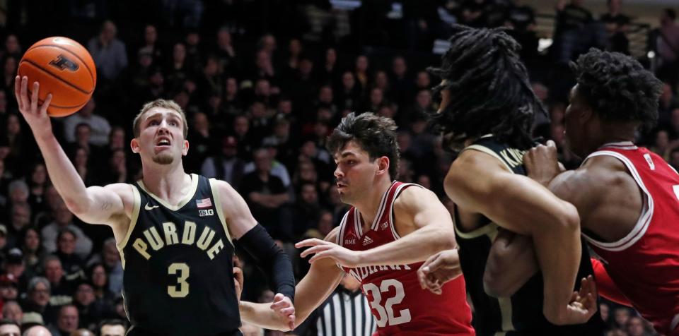 Purdue Boilermakers guard Braden Smith (3) shoots the ball during the NCAA men’s basketball game against the Indiana Hoosiers, Saturday, Feb. 10, 2024, at Mackey Arena in West Lafayette, Ind. Purdue Boilermakers won 79-59.