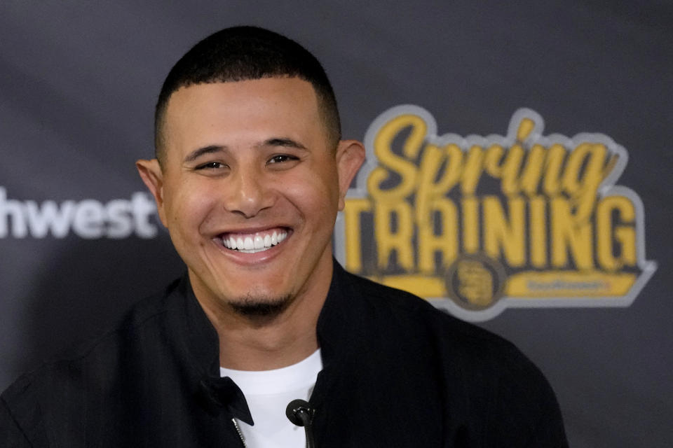 San Diego Padres third baseman Manny Machado talks about his 11-year contract extension during a news conference Tuesday, Feb. 28, 2023, at the team's spring training baseball facility in Peoria, Ariz. (AP Photo/Charlie Riedel)