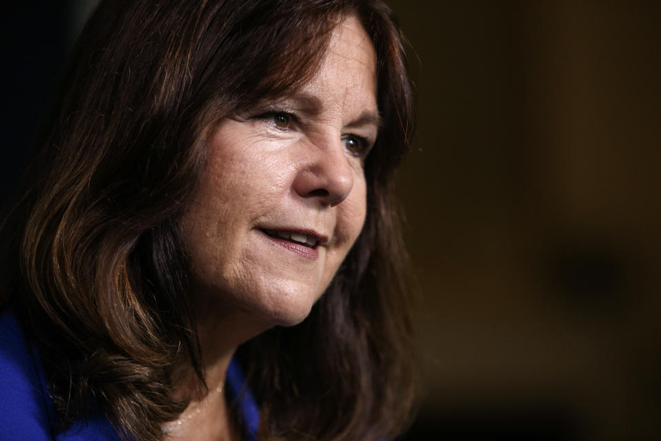 Karen Pence speaks during an interview with The Associated Press at the Vice President's residence, the Naval Observatory, in Washington, Monday, Sept. 10, 2018. “Now people take my phone calls,” Karen Pence told The Associated Press in an interview. These days, Vice President Mike Pence’s wife is using her new cachet to call around on behalf of military spouses, looking to help them overcome the challenges that come with being wed to an active-duty service member. (AP Photo/Carolyn Kaster)