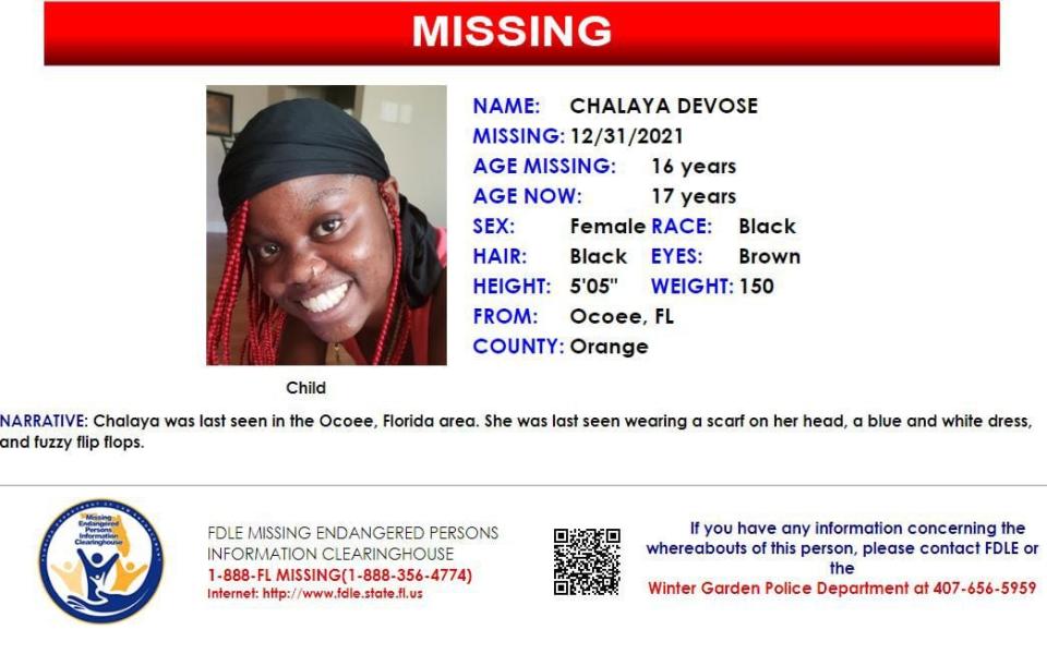 Chalaya Devose was last seen in Ocoee on Dec. 31, 2021.