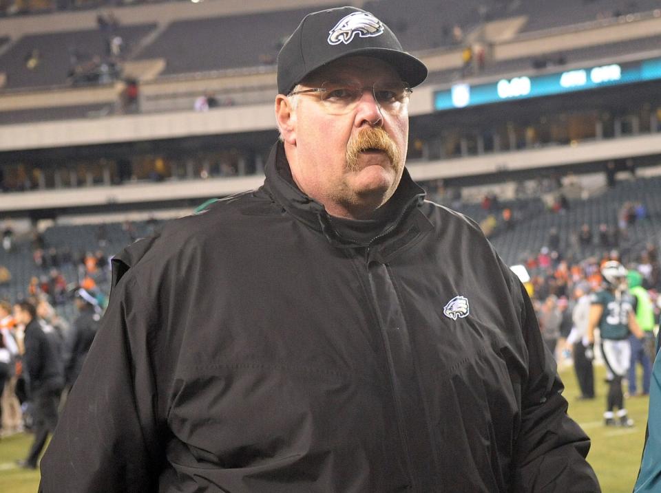 Dec 13, 2012; Philadelphia, PA, USA;  Philadelphia Eagles head coach Andy Reid walks off the field after loss to Cincinnati Bengals at Lincoln Financial Field. The Bengals defeated the Eagles 34-13. Mandatory Credit: Eric Hartline-USA TODAY Sports