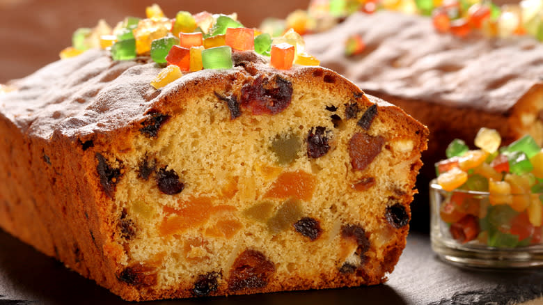 fruitcake loaf with slice cut