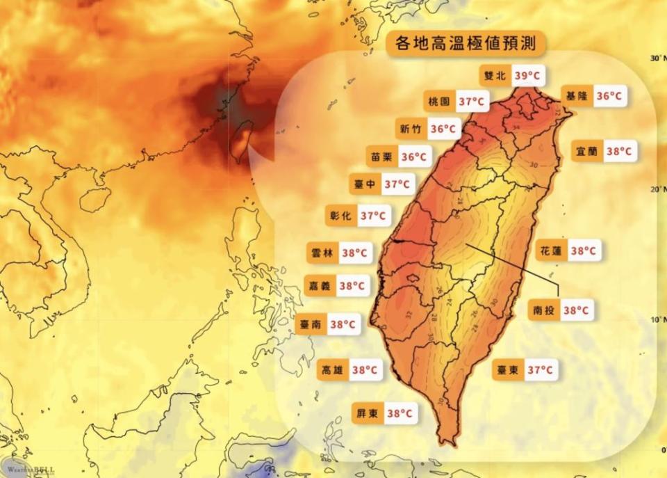 圖為上空1500公尺的預測氣溫圖指出，從今天（21日）開始一直到下周一（25日）有很明顯的乾、熱空氣盤據在大陸福建、浙江及台灣周遭，將出現極端高溫。(翻攝自天氣風險臉書)