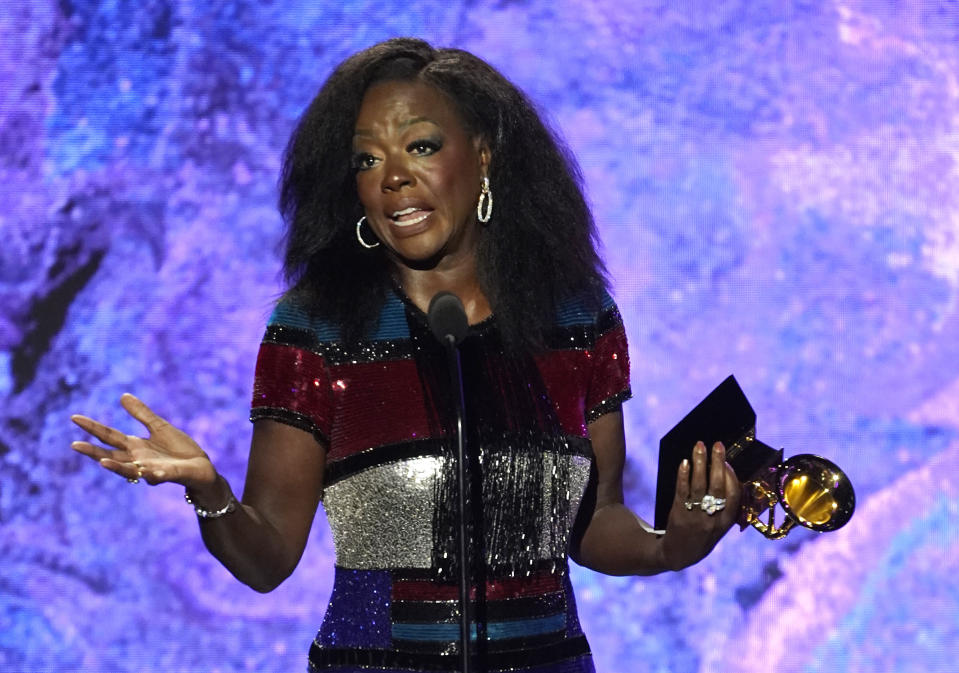 Viola Davis accepts the award for best audio book, narration, and storytelling recording for "Finding Me: A Memoir" at the 65th annual Grammy Awards on Sunday, Feb. 5, 2023, in Los Angeles. (AP Photo/Chris Pizzello)