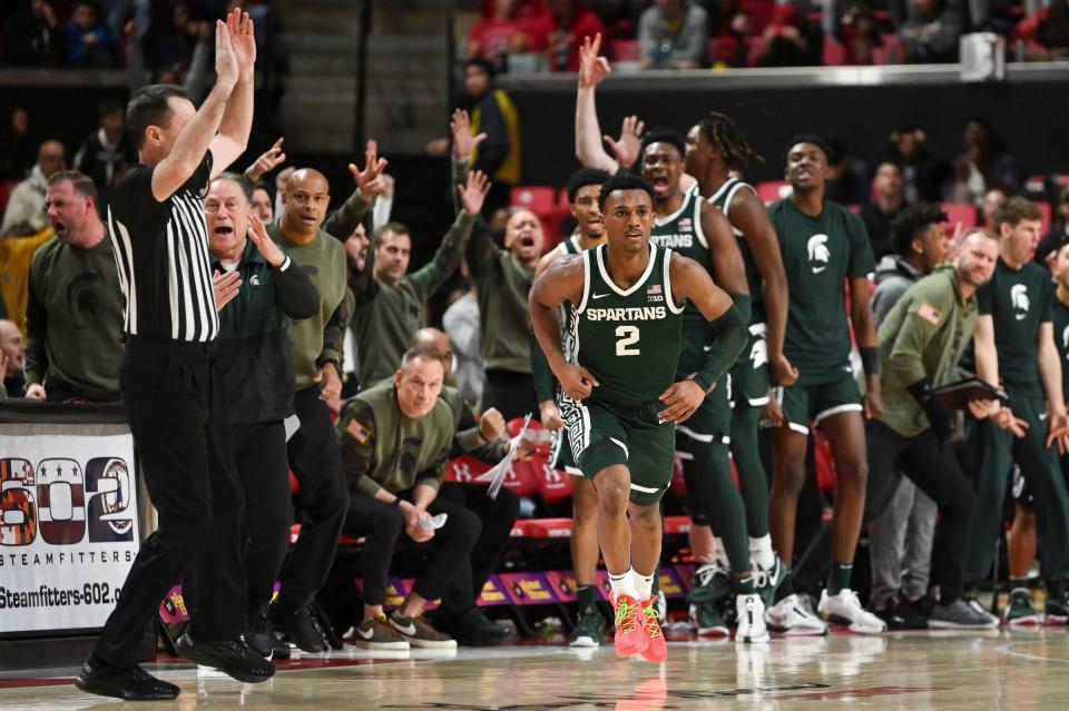 Michigan State guard Tyson Walker reacts after making the eventual game-winning basket during the second half of MSU's 61-59 win on Sunday, Jan. 21, 2024, in College Park, Maryland.