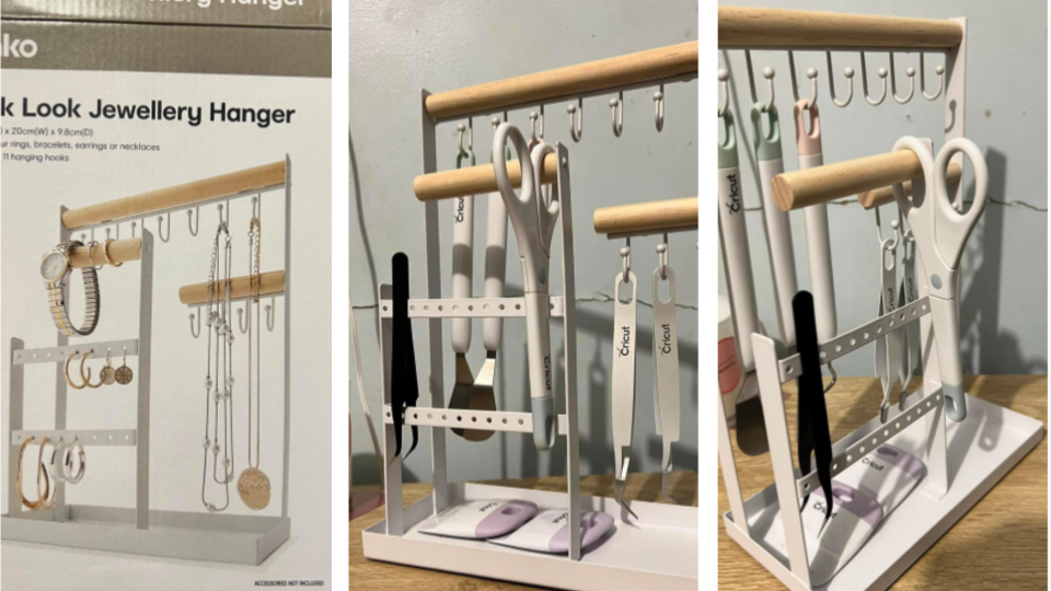 Kmart jewellery hanger used to store Cricut crafting tools