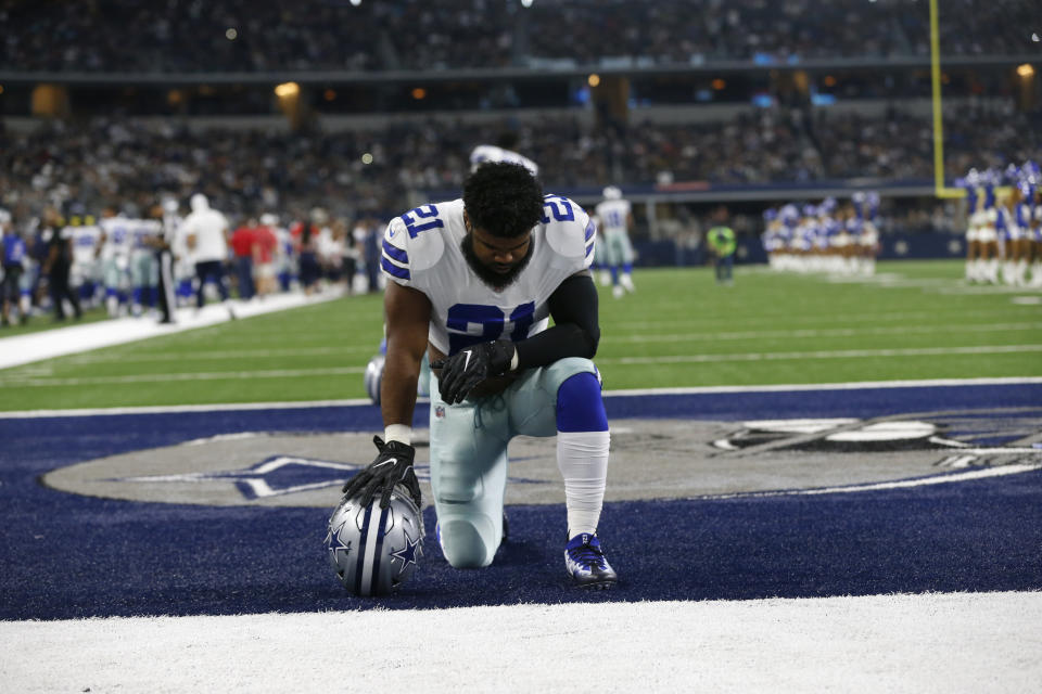 Ezekiel Elliott is awaiting word from an arbitrator on whether his suspension is upheld, overruled or reduced. (AP) 