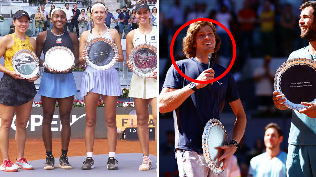 Madrid Open women&#39;s doubles finalists Jessica Pegula, Coco Gauff, Victoria Azarenka and Beatriz Haddad-Maia are pictured left, with Andrey Rublev circled on the right holding a microphone.