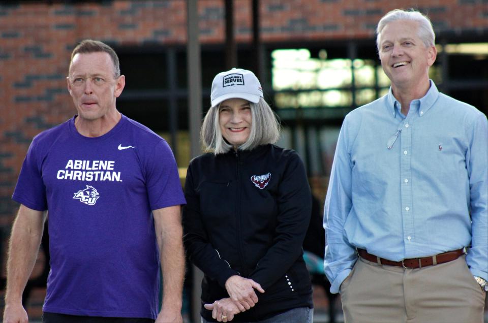 Three for the money but just one for the show. It's easy to guess which Abilene college president was going to take the Polar Plunge on Thursday at Hardin-Simmons. That would be ACU President Phil Schubert, left. There to watch their colleague dive in were McMurry President Sandra Harper and HSU's Eric Bruntmyer. Close to $4,600 was raised for Special Olympics Texas at the event.