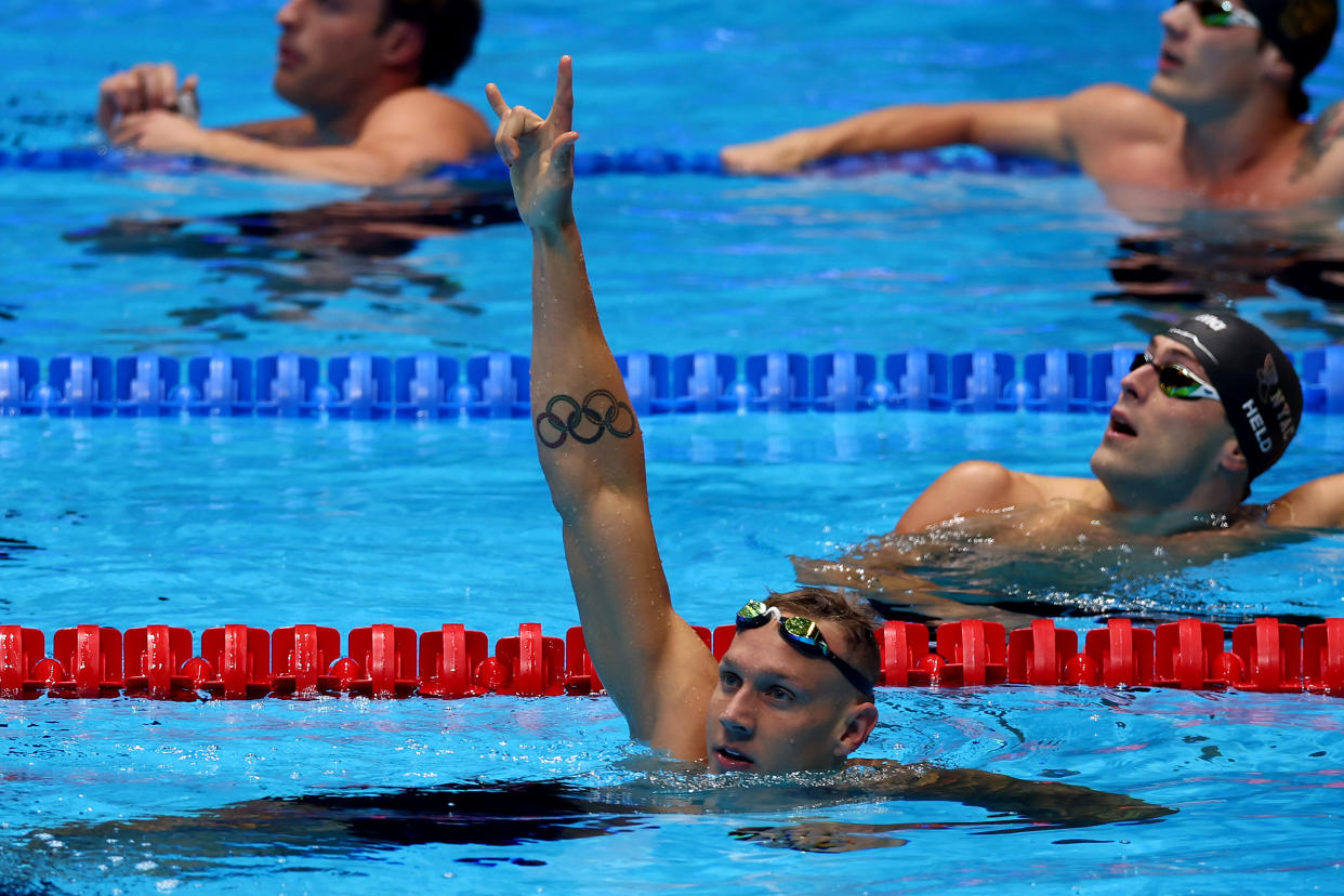 INDIANAPOLIS, INDIANA - JUNE 21: Caeleb Dressel of the United States reacts after winning the the Men's 50m freestyle final on Day Seven of the 2024 U.S. Olympic Team Swimming Trials at Lucas Oil Stadium on June 21, 2024 in Indianapolis, Indiana. (Photo by Sarah Stier/Getty Images)