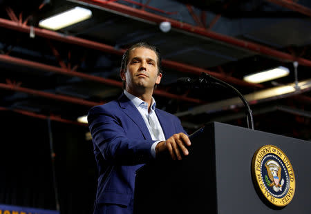 FILE PHOTO: Donald Trump, Jr. speaks at a Make America Great Again rally in Great Falls, Montana, U.S., July 5, 2018. REUTERS/Joshua Roberts