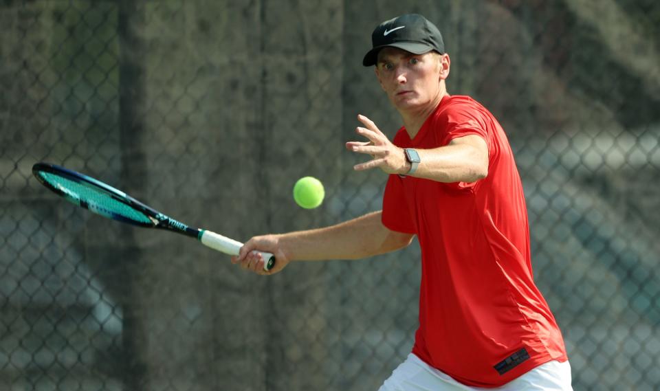 American Fork’s Caden Hasler lines up on a ball as he and Farmington’s Charles Frey, play in the high school 6A boys state tennis championships at Liberty Park Tennis in Salt Lake City on Saturday, May 20, 2023. | Scott G Winterton, Deseret News