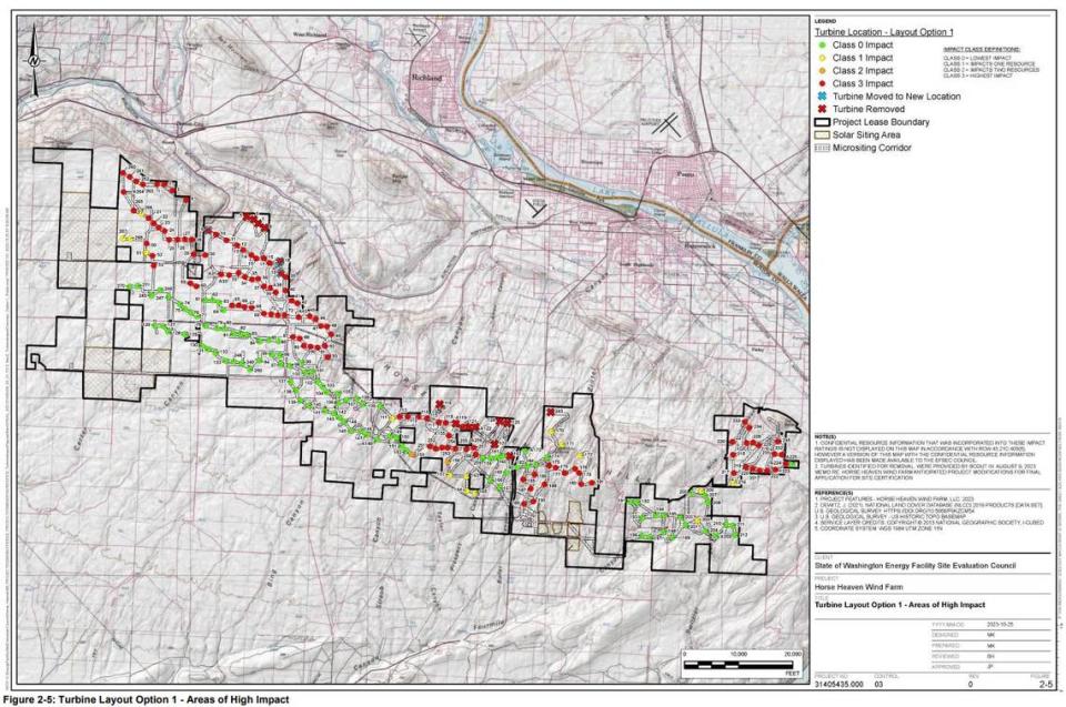 A map shows red dots where 116 of 222 proposed turbines up to 500 feet tall would be prohibited, as proposed by a state council. It is one of two configurations proposed by Scout Clean Energy.