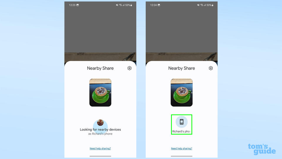 Two screenshots showing an image being sent via Nearby Share