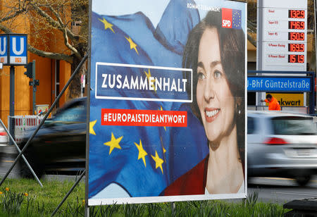 An election campaign poster for the upcoming European Parliament elections depicting German Justice Minister Katarina Barley, the Social Democratic Party (SPD) top candidate, is pictured in Berlin, Germany April 10, 2019. The words on the posters read "solidarity." REUTERS/Fabrizio Bensch