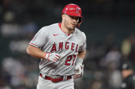 Los Angeles Angels' Mike Trout runs the bases after he hit a two-run home run against the Seattle Mariners during the seventh inning of a baseball game Thursday, June 16, 2022, in Seattle. The homer was Trout's second of the night. (AP Photo/Ted S. Warren)